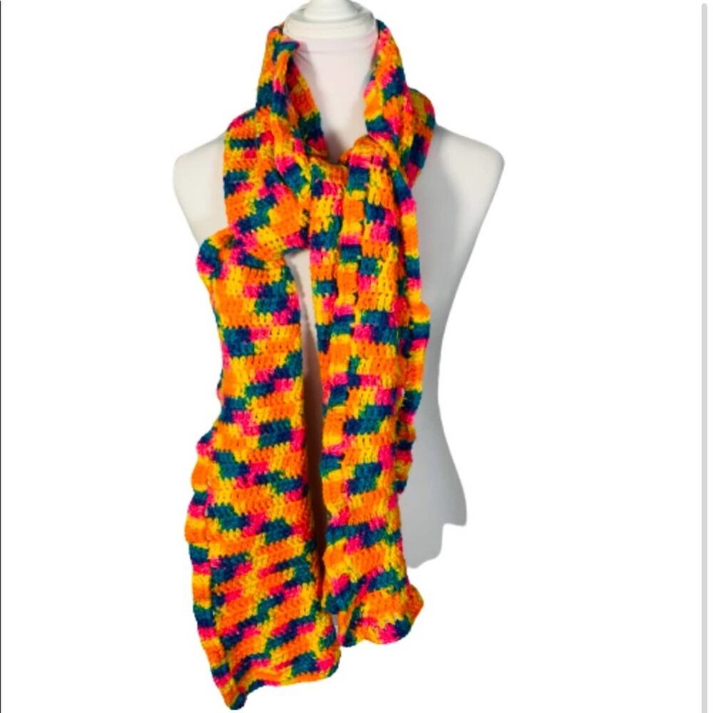 Hand Knit Colorful Scarf Orange Blue Pink Yellow